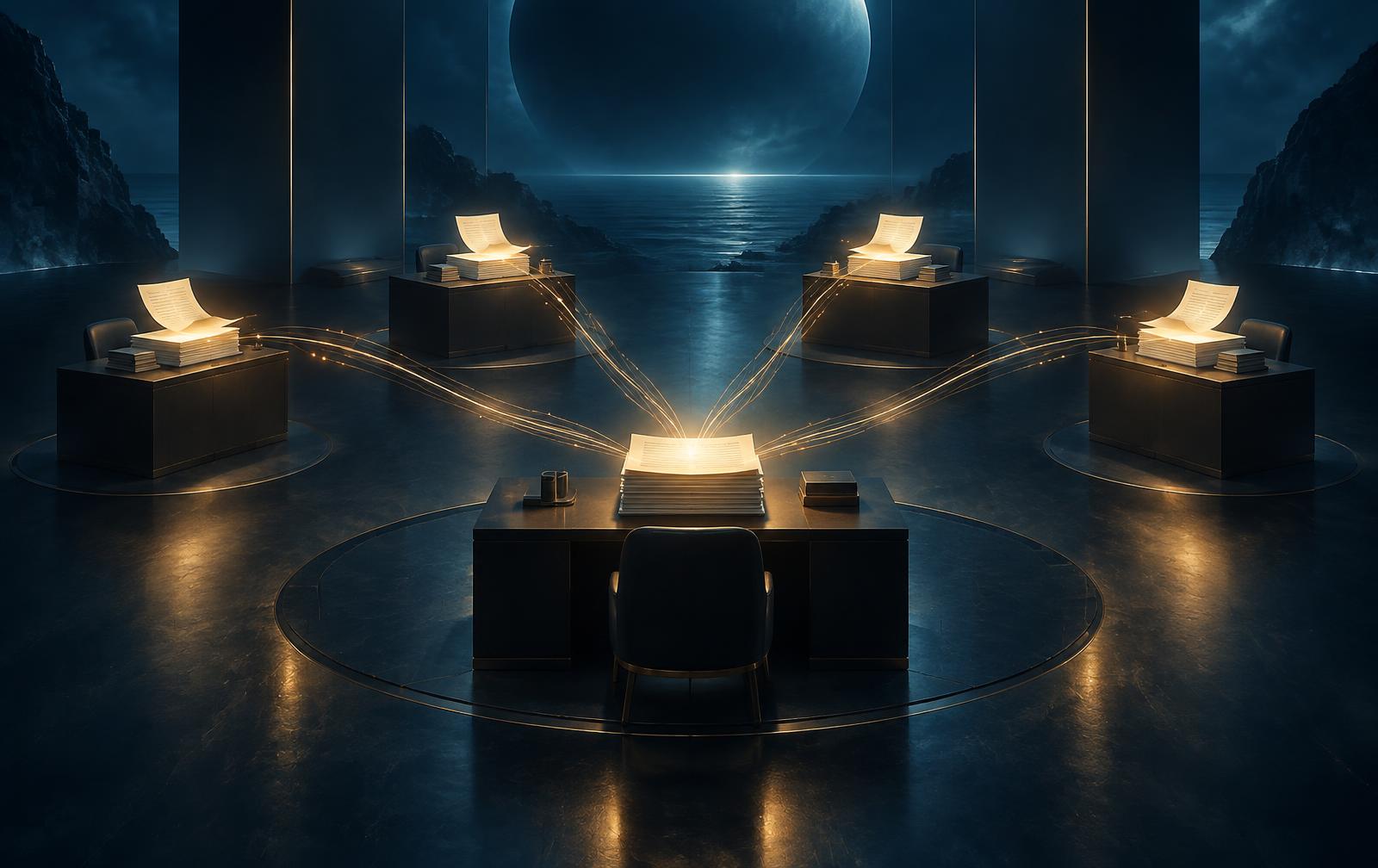Four illuminated reading stations arranged around a central desk in a dark blue room, with light trails converging on the centre